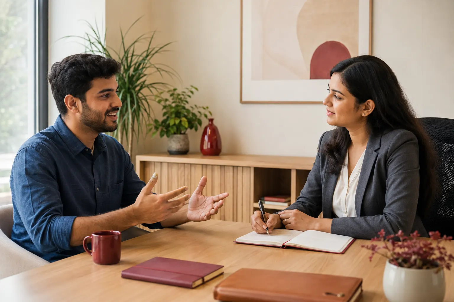 A learner sharing career goals while a DegreeGO counsellor listens and takes notes